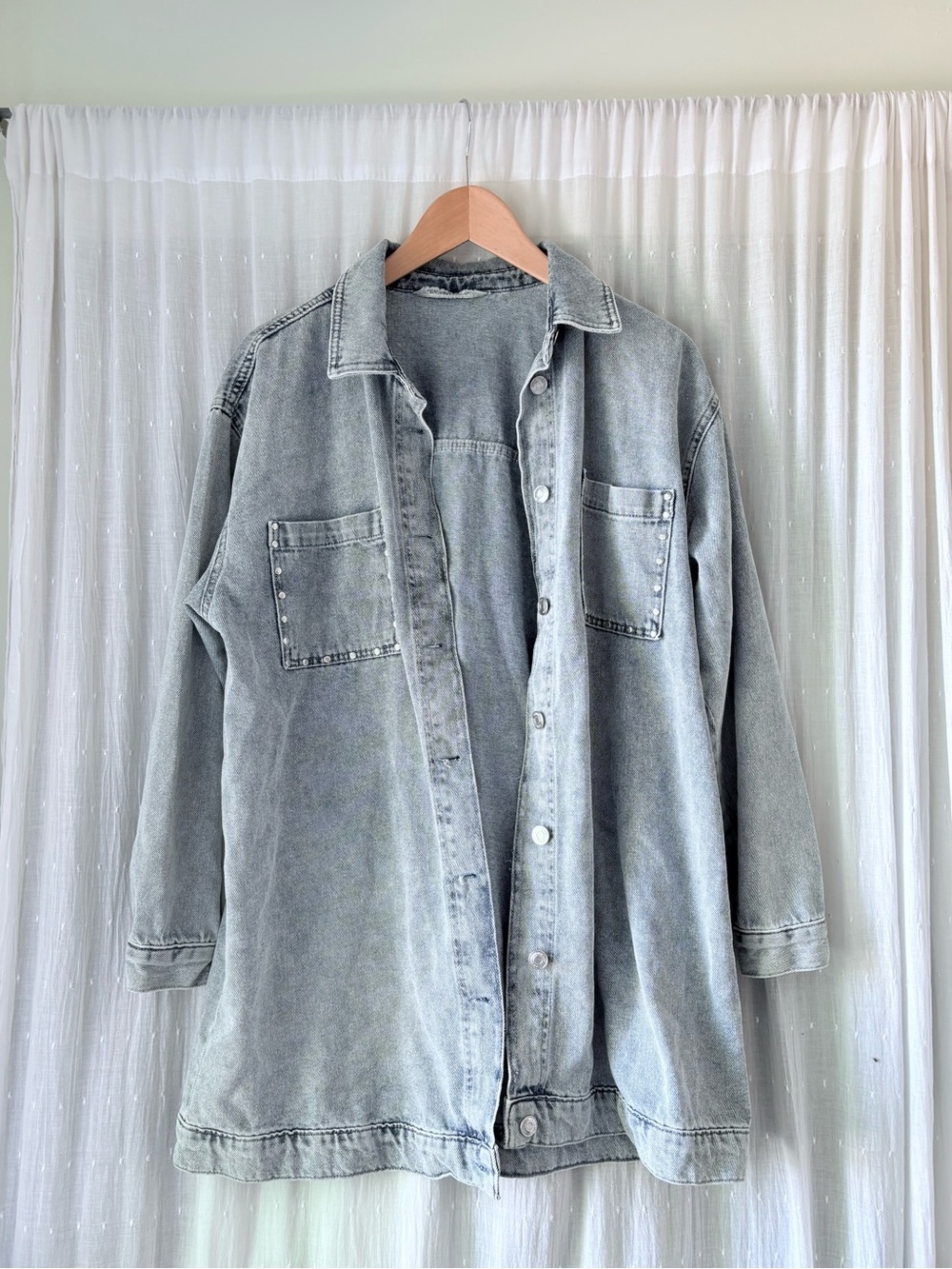Oversized Washed Grey Denim Shirt Jacket - M-L